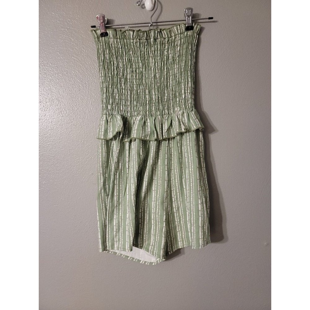 Ginger G Green Striped Linen Blend Smocked Peplum Romper Girls Size S
